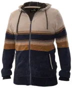 Herre-hoodie med lynlås og snoretræk, beige, marineblå og brune vandrette striber, to frontlommer, ribkanter og blød, tekstureret strik for ekstra varme.