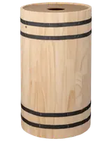 Rund affaldsspand i træ med naturfinish, to sorte metalbånd og cirkulært hul i toppen. Enkel, rustik stil til indendørs brug.