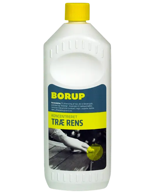Borup koncentreret træ rens i hvid plastflaske med gul låg, velegnet til rengøring og opfriskning af udendørs træoverflader som terrasser, hegn og havemøbler.