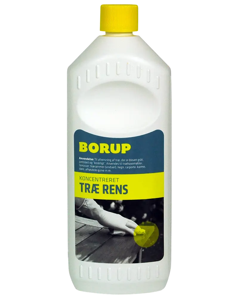 Borup koncentreret træ rens i hvid plastflaske med gul låg, velegnet til rengøring og opfriskning af udendørs træoverflader som terrasser, hegn og havemøbler.