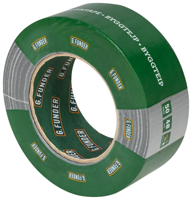 En rulle G. Funder byggetape, 50 meter lang og 48 mm bred, med grøn og sølv yderside samt mærket inderkerne. Holdbar til forskellige byggeopgaver.