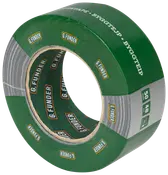 En rulle G. Funder byggtejp, 50 meter lång och 48 mm bred, med grön och silver utsida samt märkt kärna. Hållbar för byggändamål.