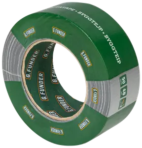 En rulle G. Funder byggetape, 50 meter lang og 48 mm bred, med grøn og sølv yderside samt mærket inderkerne. Holdbar til forskellige byggeopgaver.