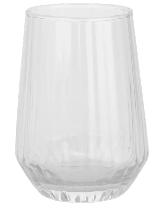 Klar glas tumbler med bred bund og let tilspidsede sider. Glat overflade, gennemsigtig, moderne og minimalistisk design. Rummer cirka 300-400 ml.
