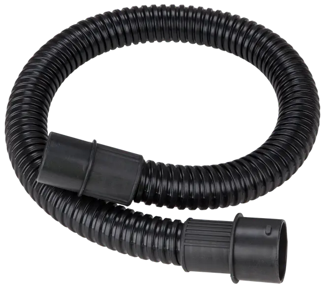 Flexibel svart dammsugarslang med räfflad yta och plastkopplingar i båda ändar. Passar våt-/torrdammsugare, enkel att montera och ta bort.