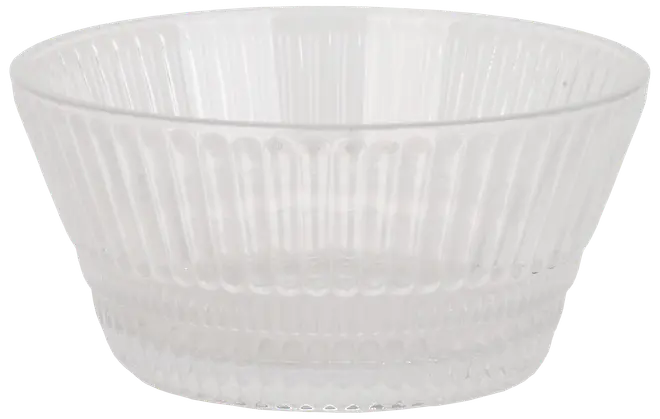 Klar glasskål med lodrette riller, rund form, let udadgående kant og tyk bund. Velegnet til servering af desserter, snacks eller salater. Elegant og moderne design.