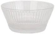 Klar glasskål med lodrette riller, rund form, let udadgående kant og tyk bund. Velegnet til servering af desserter, snacks eller salater. Elegant og moderne design.