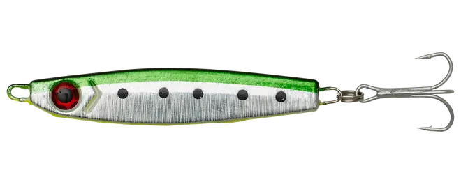 Silver- och grön fiskedrag med rött öga, svarta prickar, metallkropp och trekrok.