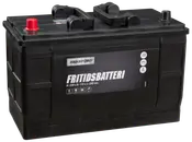 Branford fritidsbatteri, sort rektangulær kasse, mærket "FRITIDSBATTERI". Med bærehåndtag, røde og sorte terminaler, egnet til bil, båd og camping. Mål: 239x172x330 mm.