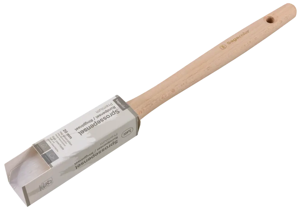 Flad pensel med langt, naturligt træskaft og hvide børster. Penselhovedet er dækket af beskyttende emballage. Velegnet til maling eller lakering.