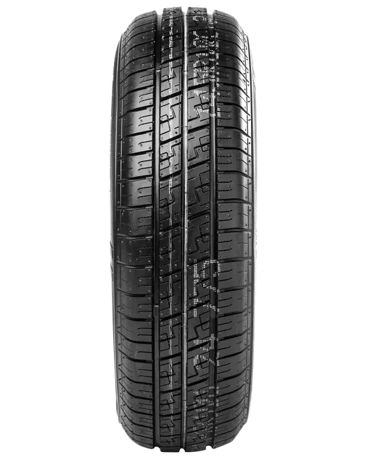 Svart radialdäck med symmetriskt mönster, tre breda längsgående spår och sicksack-lameller för bättre grepp och vattenavledning. Passar året runt till personbilar.