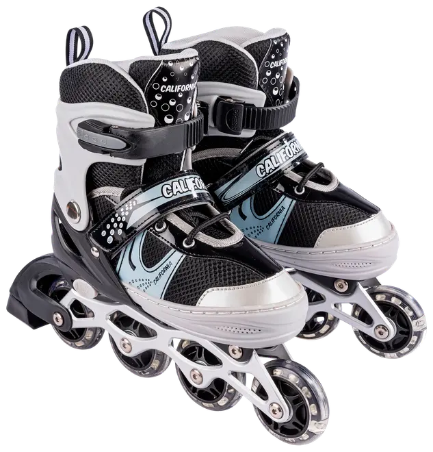 Sæt sorte og sølvfarvede inliners med mesh-paneler, justerbare stropper og fire hjul pr. skøjte. Robust plaststel og polstret inderside for støtte og komfort.