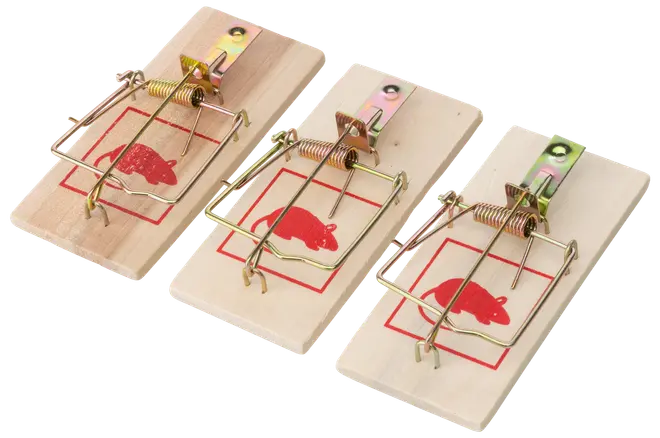 Sæt med tre klassiske musefælder i træ med metalfjeder og rød musegrafik, designet til effektiv bekæmpelse af gnavere i hjem eller virksomheder.