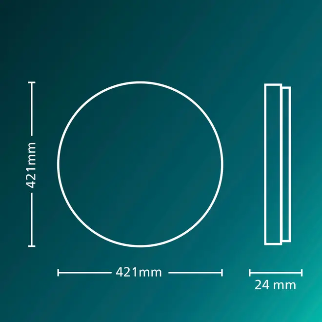 Rundt produkt med en diameter på 421 mm og en tykkelse på 24 mm, vist fra for- og sideperspektiv med tydelige måleangivelser på en turkis baggrund.