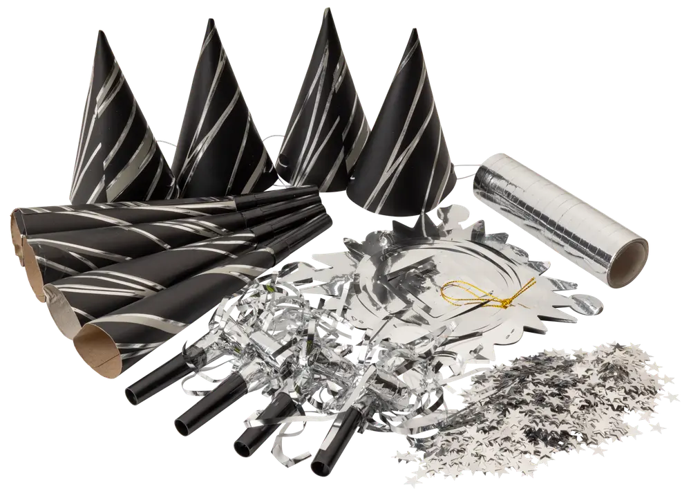 Festkit med svarta och silverfärgade hattar, tutor, konfetti och glittriga dekorationer. Perfekt för firanden, stilrent och modernt färgtema.