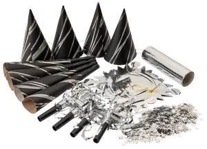 Festkit med svarta och silverfärgade hattar, tutor, konfetti och glittriga dekorationer. Perfekt för firanden, stilrent och modernt färgtema.