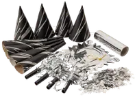 Set med 20 svarta och guldiga party poppers med dragsnöre, cylinderformade, för fest och evenemang. Varje popper har en festlig, metallisk etikett och innehåller konfetti.