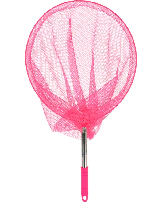 Lyserødt fiskenet med rundt net, solidt metalhåndtag og lyserødt plastgreb. Letvægtsdesign, velegnet til små fisk eller vanddyr. Håndtaget har hul til ophæng.