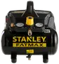 Stanley Fatmax kompressor med sort tank, gule detaljer, to trykmålere, central slangeforbindelse og solide fødder. Kompakt, bærbar model til forskellige trykluftopgaver.