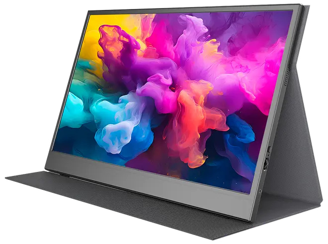 Portabel bildskärm med tunn ram, färgstark display och vikbart ställ. Sidoplacerade portar för anslutning. Passar laptop, spel eller mobila enheter. Lätt och resevänlig.