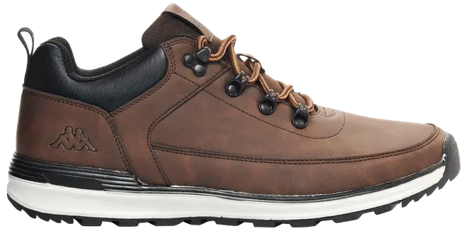 Herrsko i brunt med svart vadderad krage, metallöljetter, bruna snören, vit gummisula och Kappa-logga på sidan. Passar vardag och utomhusbruk.