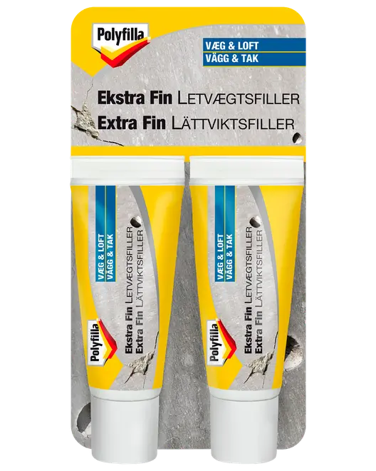 Polyfilla Ekstra Fin Letvægtsfiller, dobbeltpakke med gule og hvide tuber, til væg og loft. Perfekt til små revner og huller, nem at påføre og slibe.