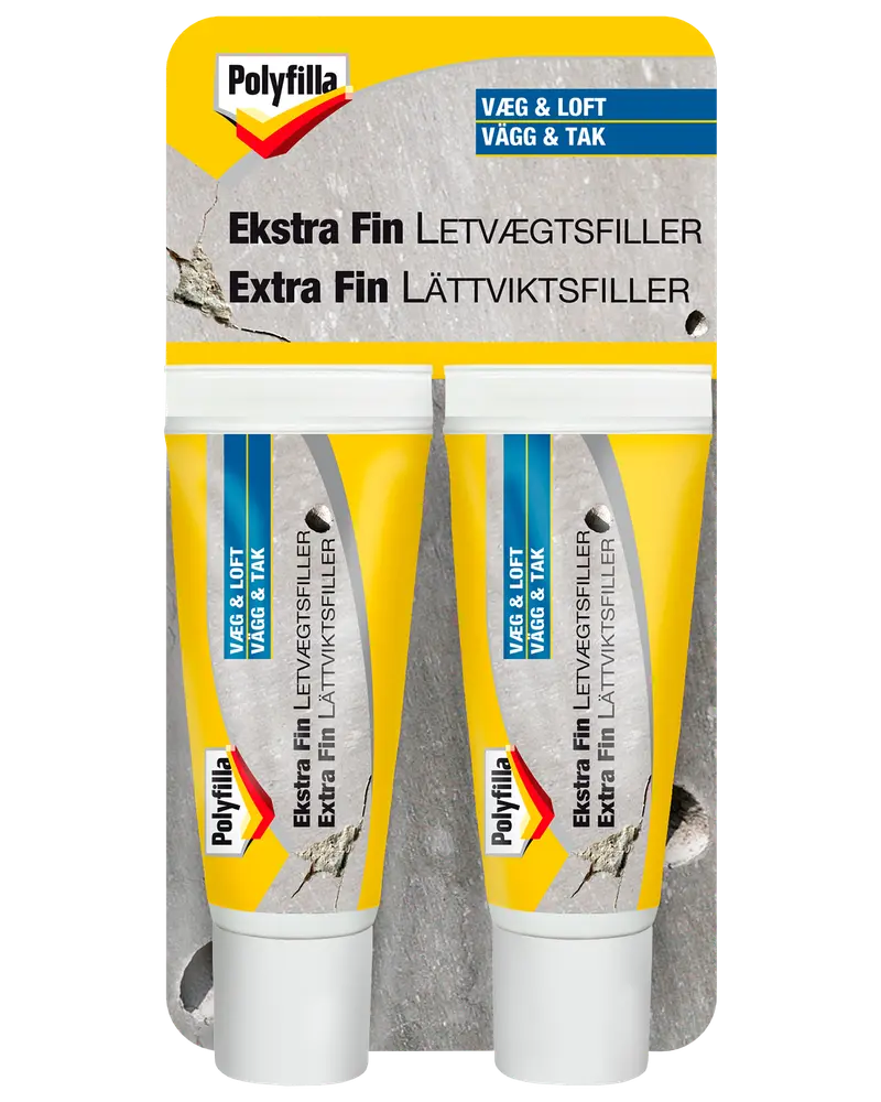 Polyfilla Ekstra Fin Letvægtsfiller, dobbeltpakke med gule og hvide tuber, til væg og loft. Perfekt til små revner og huller, nem at påføre og slibe.