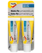Polyfilla Ekstra Fin Letvægtsfiller, dobbeltpakke med gule og hvide tuber, til væg og loft. Perfekt til små revner og huller, nem at påføre og slibe.