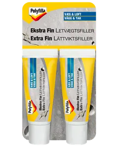 Polyfilla Ekstra Fin Letvægtsfiller, dobbeltpakke med gule og hvide tuber, til væg og loft. Perfekt til små revner og huller, nem at påføre og slibe.