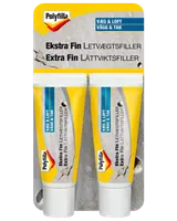 Polyfilla Ekstra Fin Letvægtsfiller, dobbeltpakke med gule og hvide tuber, til væg og loft. Perfekt til små revner og huller, nem at påføre og slibe.