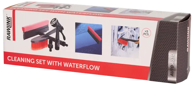 Femdelat rengöringsset med vattenflöde, innehåller borste, fönsterskrapa och spraymunstycke. Passar för bilar eller fönster. Levereras i märkt förpackning.
