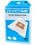 Förpackning med fyra PureAir dammsugarpåsar och ett filter, kompatibla med Nilfisk Bravo/Action-modeller. Påsarna är vita med brun pappkrage.