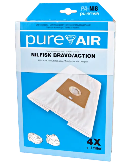 Förpackning med fyra PureAir dammsugarpåsar och ett filter, kompatibla med Nilfisk Bravo/Action-modeller. Påsarna är vita med brun pappkrage.