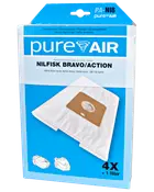 Pakke med fire PureAir støvsugerposer og ét filter, kompatibel med Nilfisk Bravo/Action modeller. Poserne er hvide med brun papkrave til sikker montering.