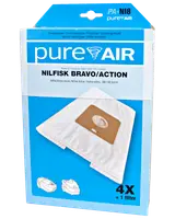 Förpackning med fyra PureAir dammsugarpåsar och ett filter, kompatibel med Miele F/J/M-modeller. Vita påsar med rött tryck, passar flera Miele och Hoover dammsugare.