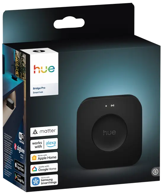 Philips Hue Bridge Pro smart hub i sort, kompatibel med Matter, Alexa, Apple Home, Google Home og Samsung SmartThings. Æsken viser produktbillede og kompatibilitetsikoner.