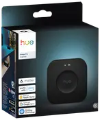 Philips Hue Bridge Pro smart hub i sort, kompatibel med Matter, Alexa, Apple Home, Google Home og Samsung SmartThings. Æsken viser produktbillede og kompatibilitetsikoner.