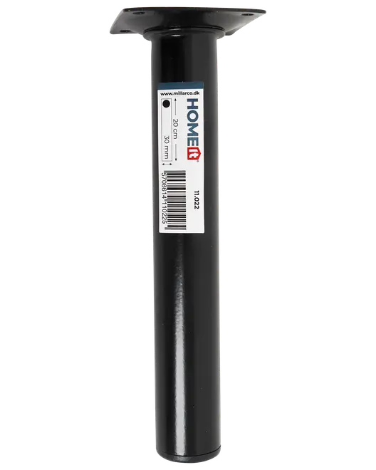 Sort metal møbelben, 20 co højt og 30 sop i diameter, med monteringsplade ø vital. Velegnet til borde, skabe eller andre møbler.