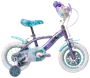 Barncykel med Frost-tema, lila och blå färger, snöflingemönster, stödhjul, vadderad sadel, framkorg och karaktärsgrafik på ram och kedjeskydd.