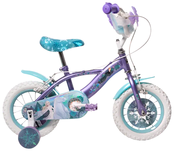 Barncykel med Frost-tema, lila och blå färger, snöflingemönster, stödhjul, vadderad sadel, framkorg och karaktärsgrafik på ram och kedjeskydd.