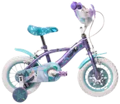 Børnecykel med Frost-tema, lilla og blå farver, snefnugmønstre, støttehjul, polstret sæde, frontkurv og karaktergrafik på stel og kædeskærm.