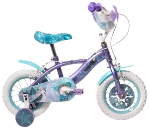 Barncykel med Frost-tema, lila och blå färger, snöflingemönster, stödhjul, vadderad sadel, framkorg och karaktärsgrafik på ram och kedjeskydd.