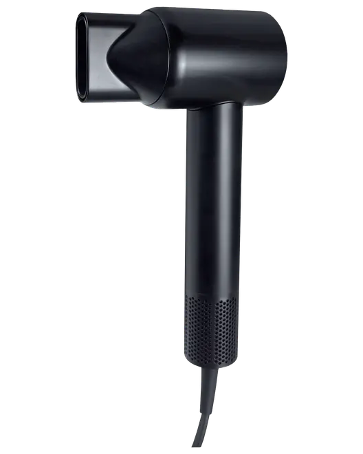 Elegant sort hårtørrer med cylindrisk krop, ergonomisk håndtag og koncentratormundstykke for præcis luftstrøm. Moderne, minimalistisk design med ventileret bund til luftindtag.