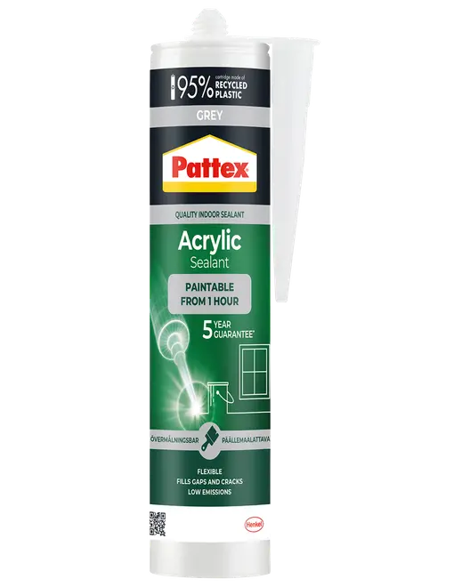 Grå Pattex akryl fugemasse til indendørs brug, malbar efter 1 time, fylder revner og sprækker, fleksibel, lav emission, 95% genanvendt plast.