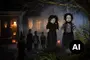 To uhyggelige hængende Halloween-dukker med syede ansigter, sort-hvide outfits og vildt hår, vist udendørs blandt græskar og tåge. - Billedet er skabt med AI