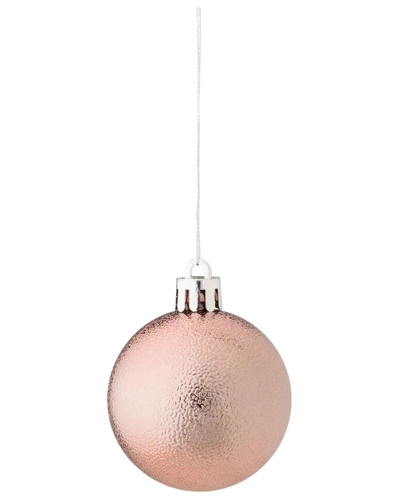 Rund julgranskula i roséguld med texturerad yta, silverfärgad topp och upphängningssnöre. Perfekt för juldekoration. Cirka 8 cm i diameter.