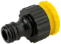 Svart och gul slangkoppling i plast med räfflat grepp, avsedd för snabb anslutning till trädgårdsslang. Har säker låsmekanism och standardstorlek för enkel installation.