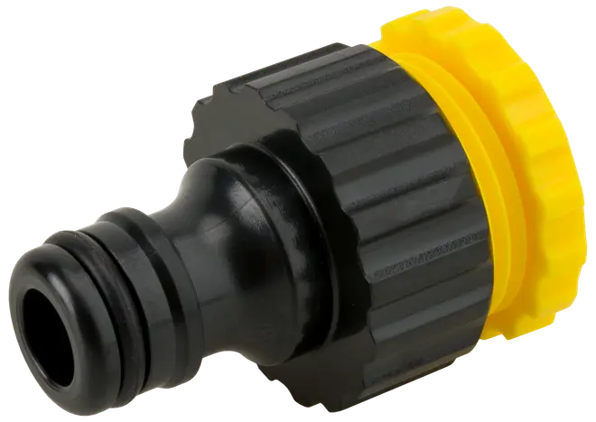 Svart och gul slangkoppling i plast med räfflat grepp, avsedd för snabb anslutning till trädgårdsslang. Har säker låsmekanism och standardstorlek för enkel installation.