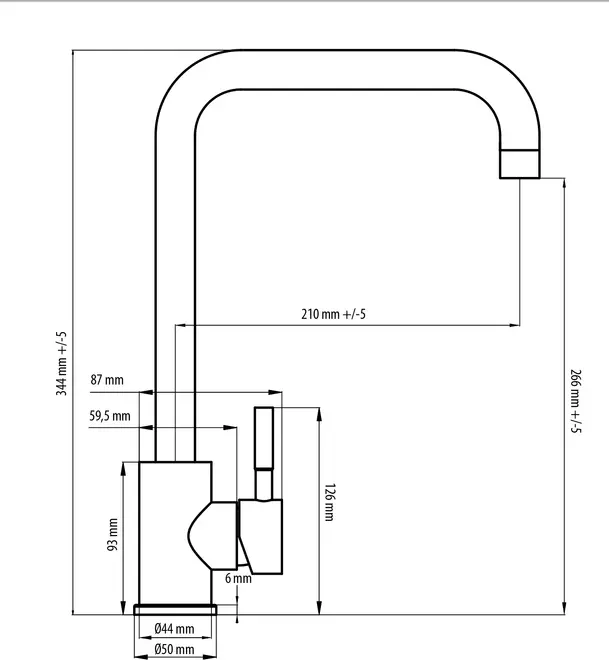 Teknisk tegning af køkkenarmatur med retvinklet tud, enkelt greb og detaljerede mål: 344mm højde, 210mm tudlængde, 266mm tudhøjde og 50mm bunddiameter.