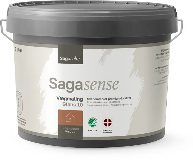 9 liters spand Sagacolor Sagasense vægmaling, glans 10, til indendørs vægge. Premium kvalitet, svanemærket, vaskbar, smuk silkemat finish. Produceret i Danmark.